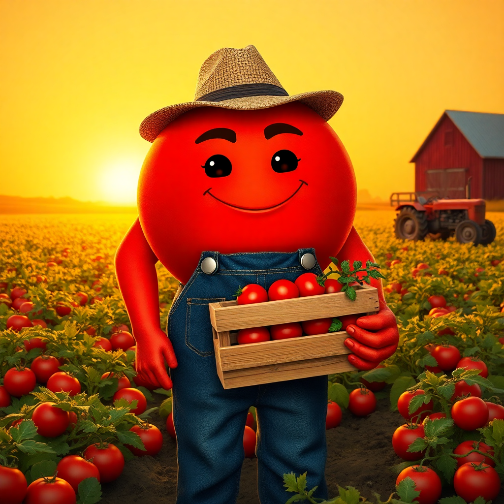 Image Prompt: A strong, weathered tomato humanoid with deep red, slightly glossy skin and a small green stem cap, 