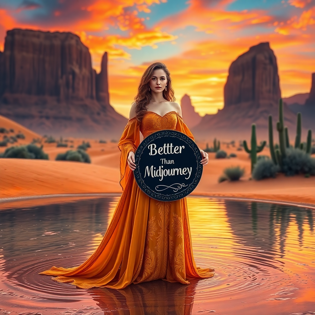 Image Prompt: Create an image of a woman centered in a mystical desert landscape. She stands in a shallow oasis wi