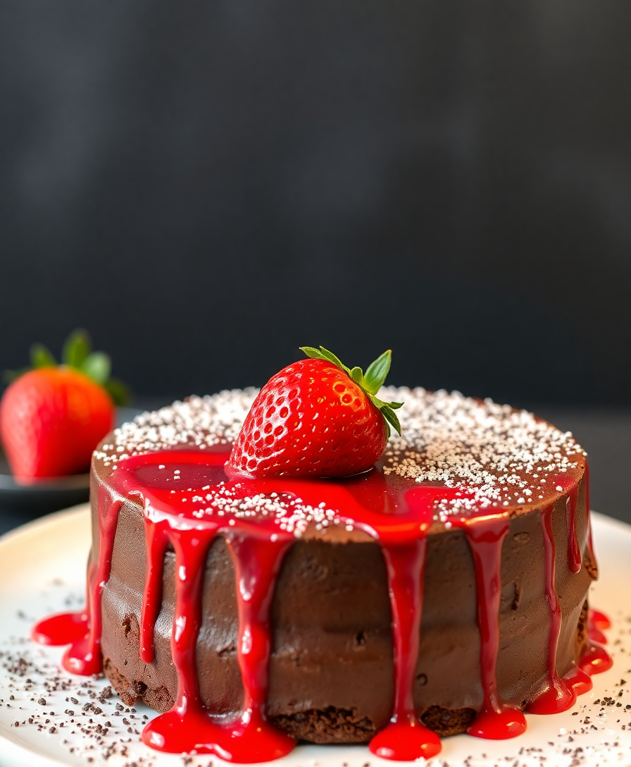 Image Prompt: tasty $1000000 chocolate cake featuring a strawberry drizzle