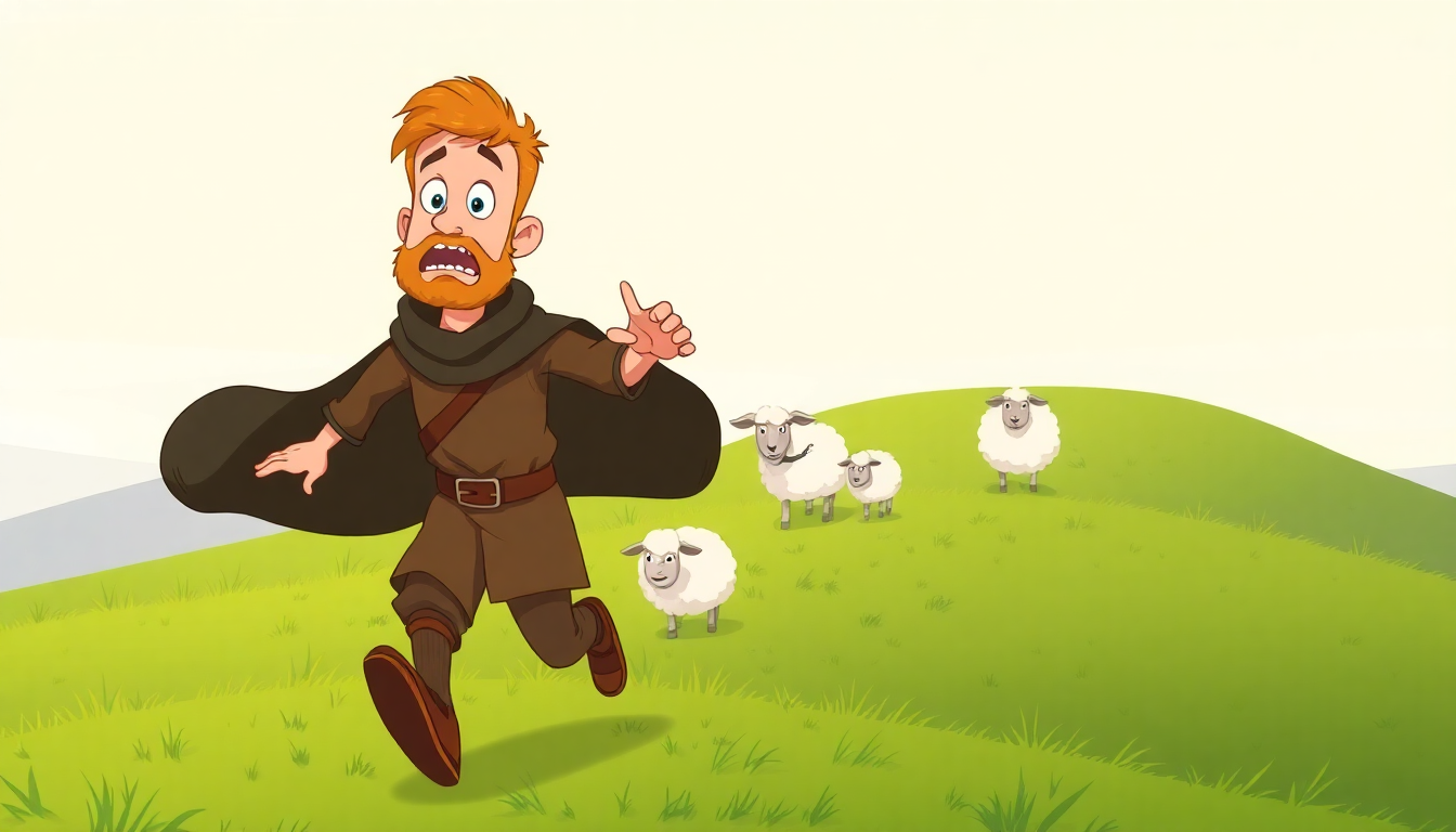 Image Prompt: "Cartoon illustration, 2D, bright and colorful, horizontal 16:9, 1920x1080. Main shepherd character,