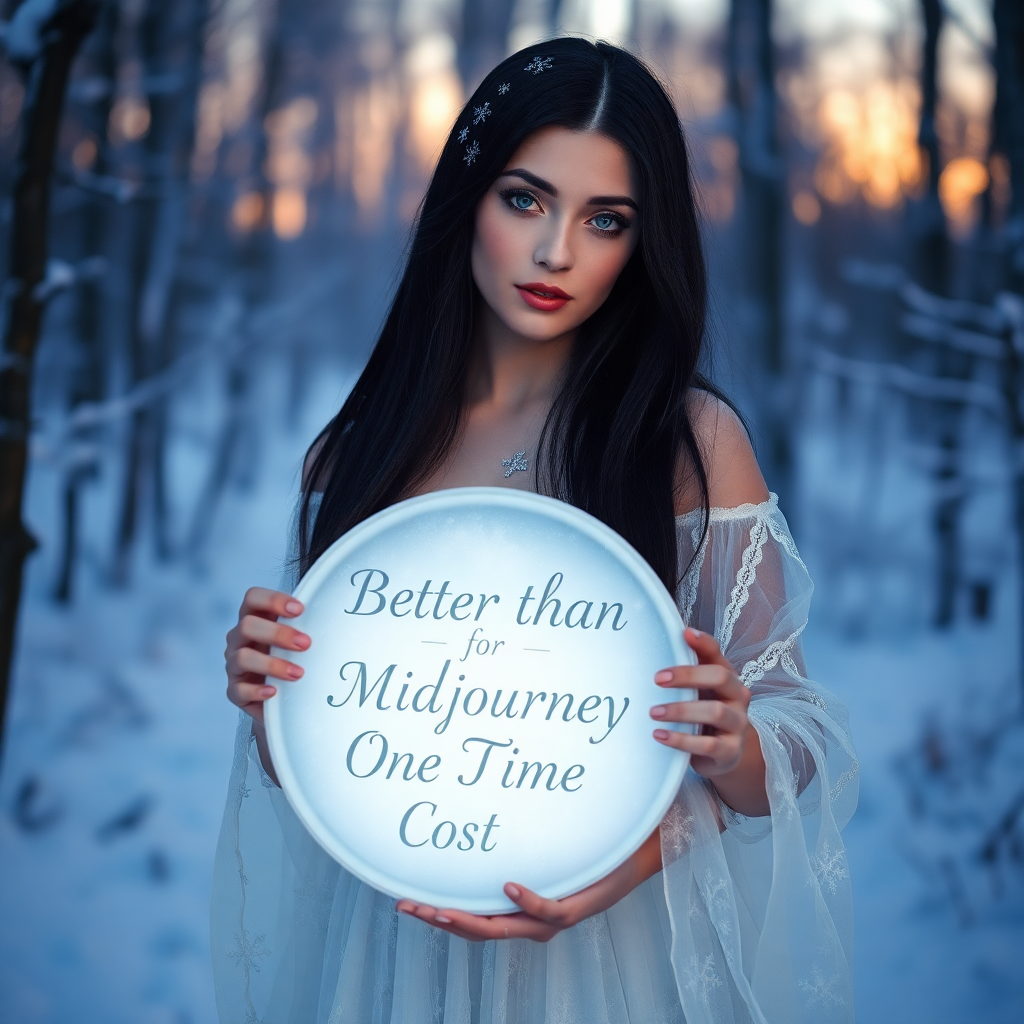 Image Prompt: Create an image of a woman standing in a snowy forest during twilight. She has long, straight black 