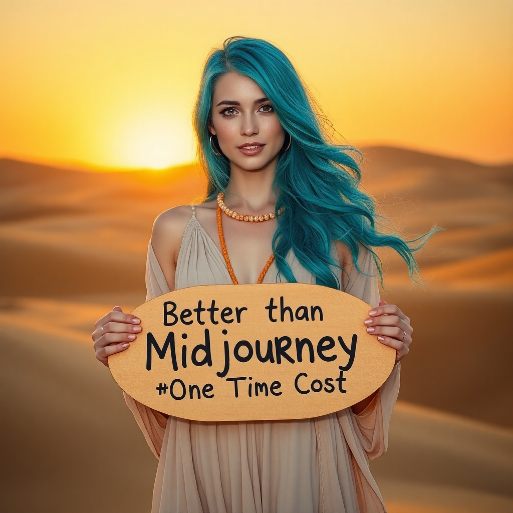 Image Prompt: Variation 5: Create an image of a woman standing in a serene desert landscape at sunset. She has lon