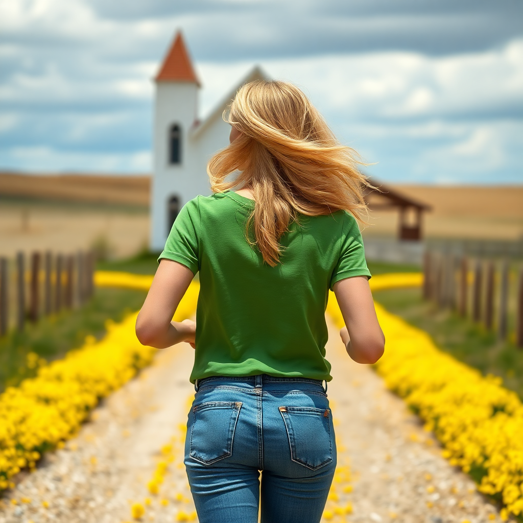 Image Prompt: A blonde hair woman is running to the chapel on a yellow brick road. She wearing green t-shirt and a