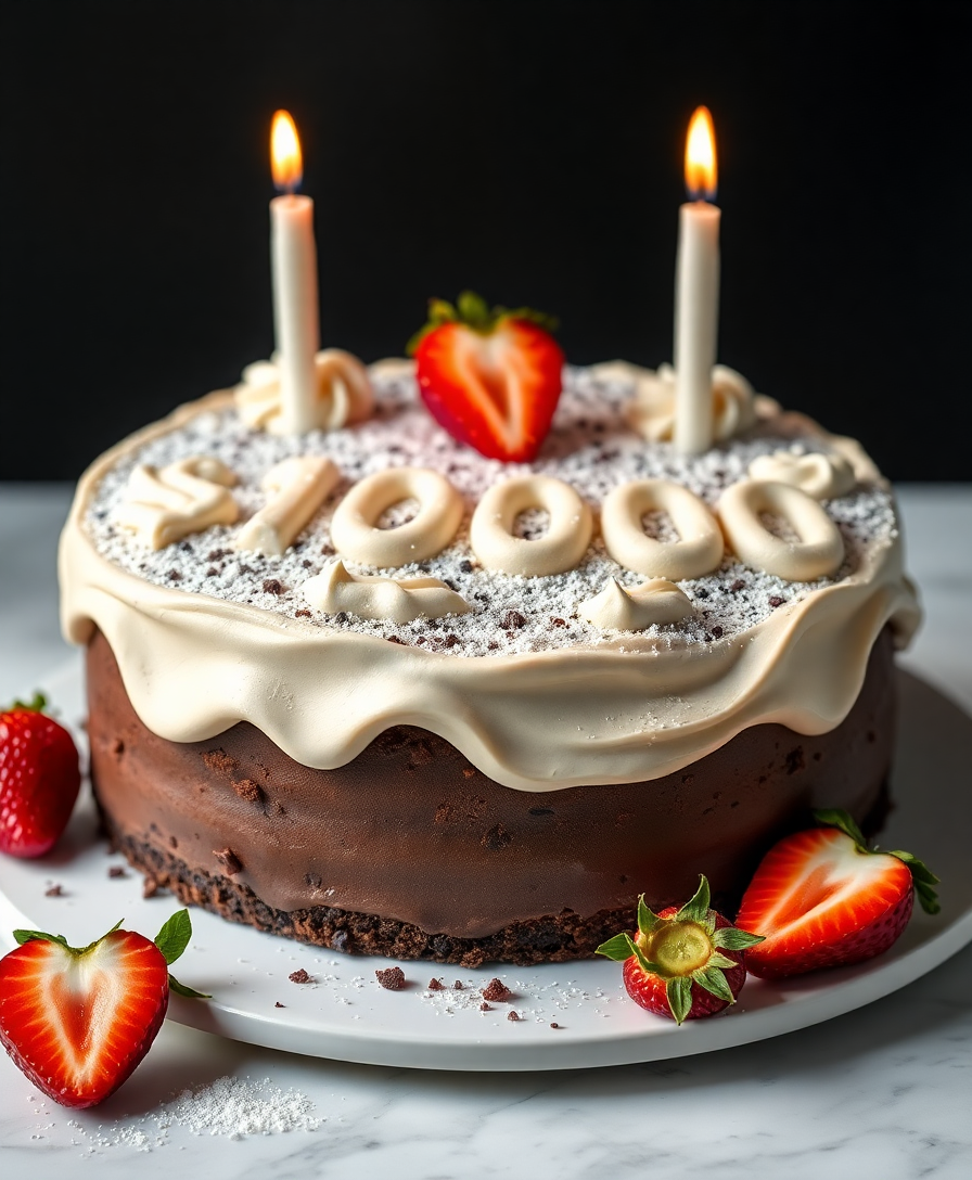 Image Prompt: heavenly $10000000 chocolate cake complemented by strawberry slices