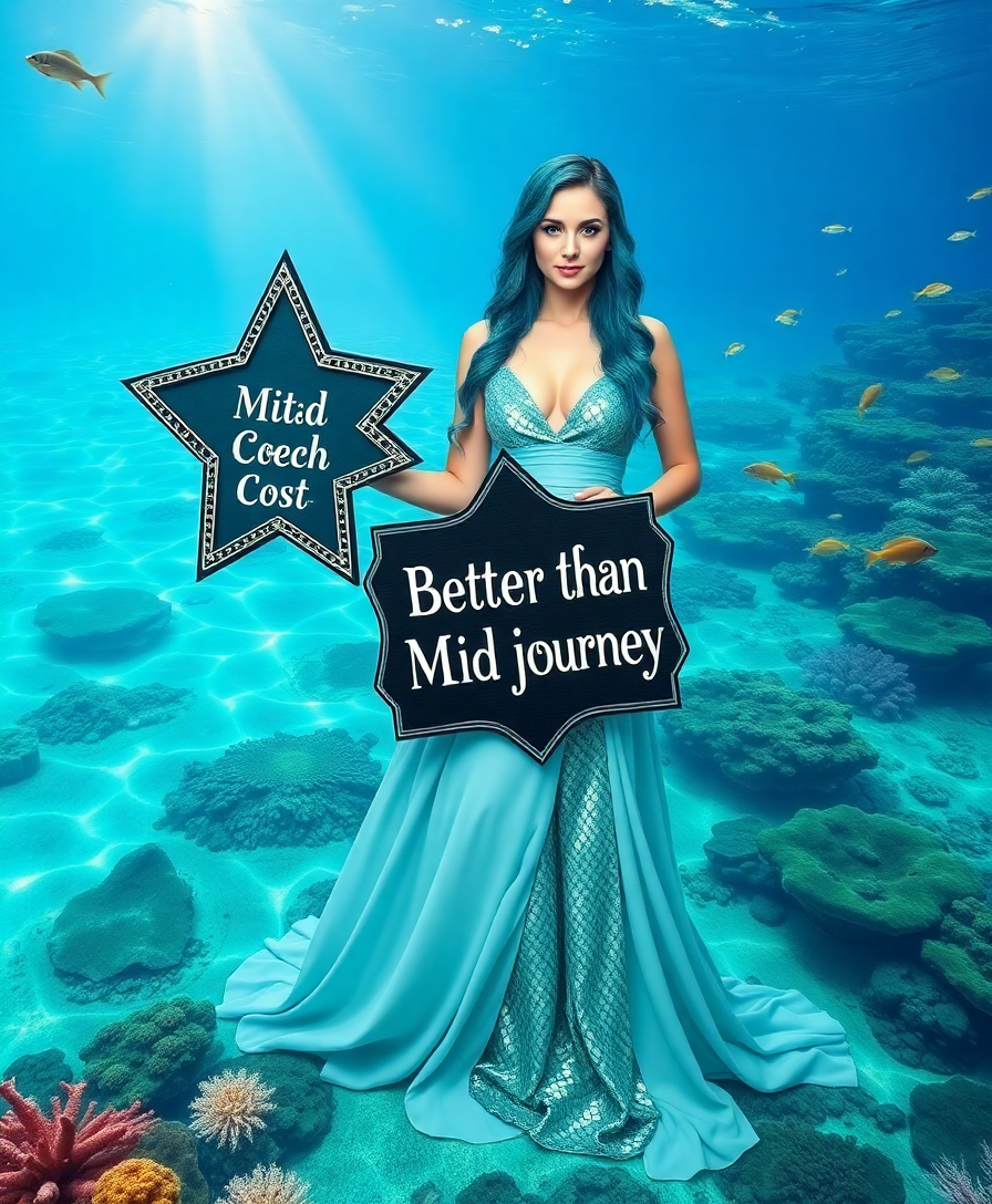Image Prompt: Variation 3: Create an image of a woman centered in a surreal underwater scene. She stands in a shal