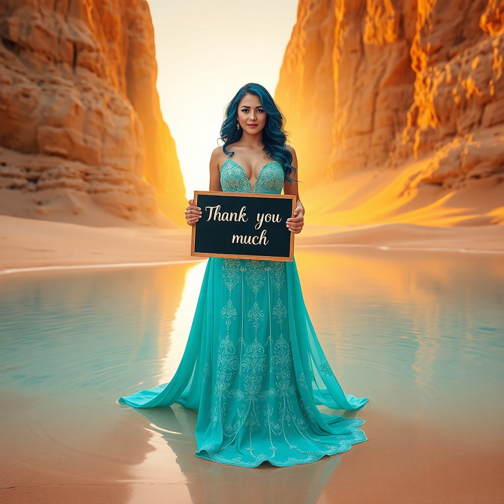 Image Prompt: Variation 1: Create an image of a woman centered in a mystical desert landscape. She stands in a sha