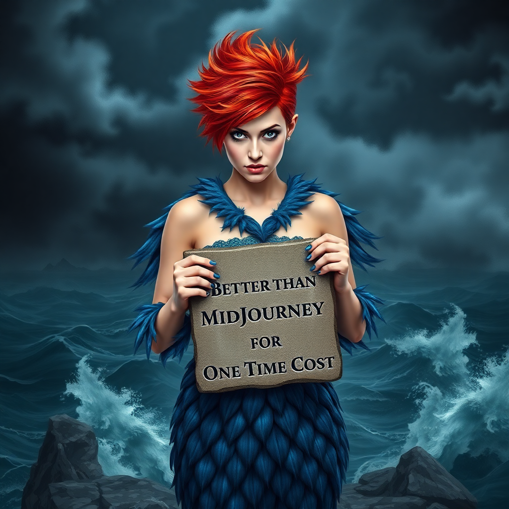 Image Prompt: Variation 1: Create an image of a woman standing on a rocky cliff overlooking a stormy sea. She has 
