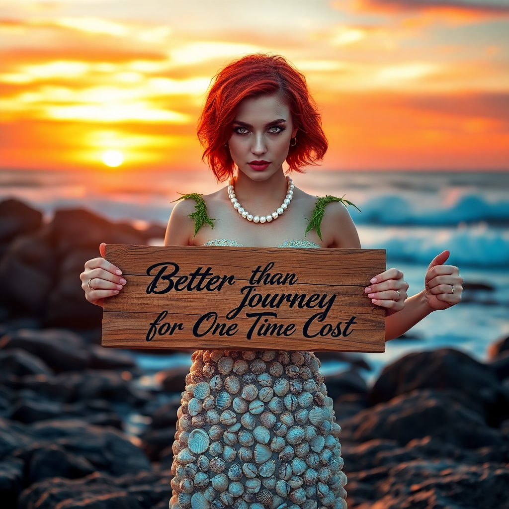 Image Prompt: Create an image of a woman standing on a rocky beach at sunset. She has short, fiery red hair styled