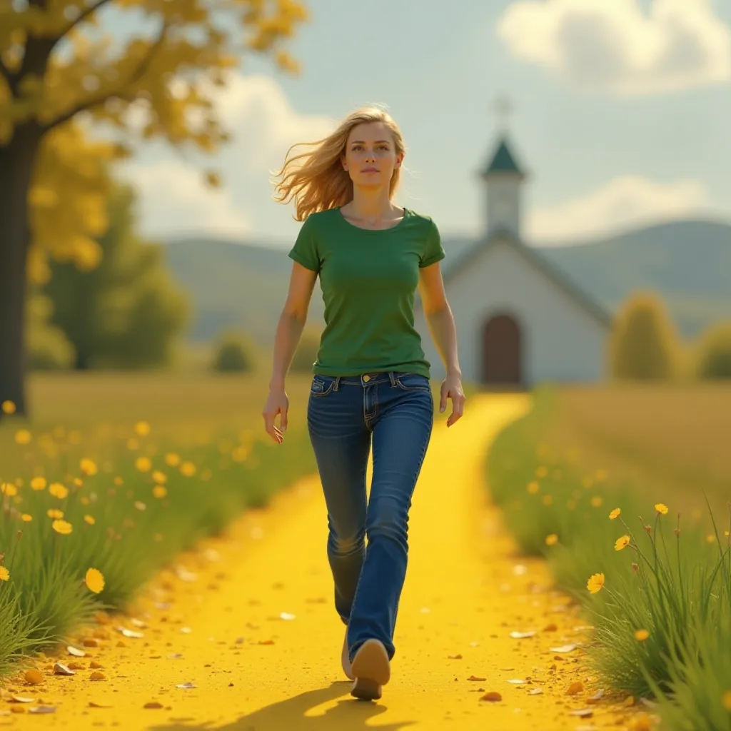 Image Prompt: A blonde hair woman is running to the chapel on a yellow brick road. She wearing green t-shirt and a