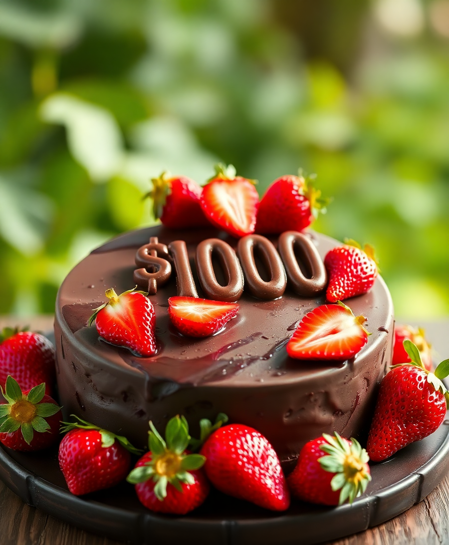 Image Prompt: rich $10000 chocolate cake accompanied by juicy strawberries
