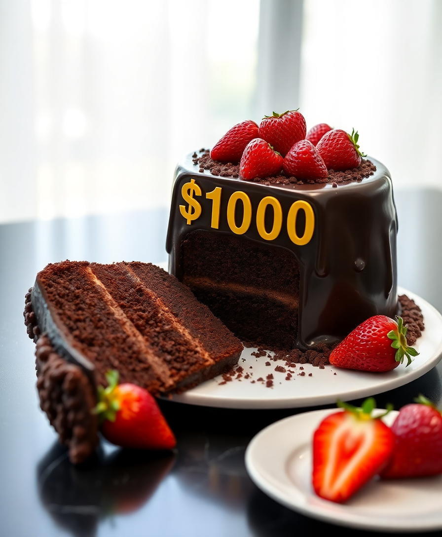 Image Prompt: luxurious $100000 chocolate cake served with a side of strawberries