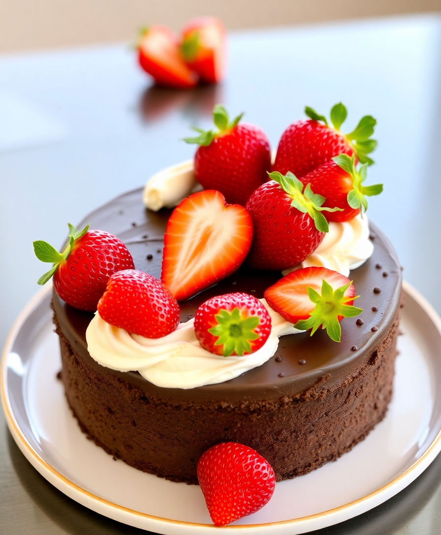 Image Prompt: delectable $1 chocolate cake topped with fresh strawberries