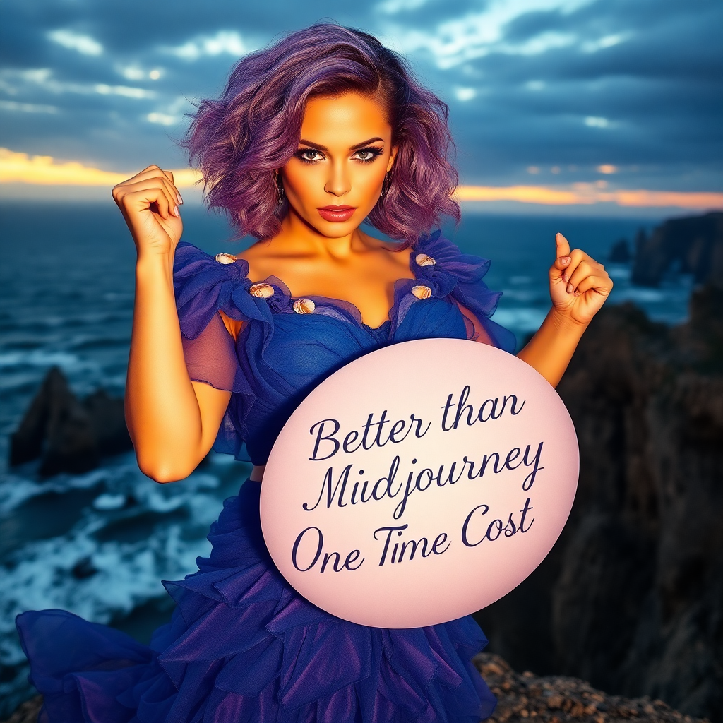 Image Prompt: Create an image of a woman standing on a rocky cliff overlooking the ocean at sunset. She has short,