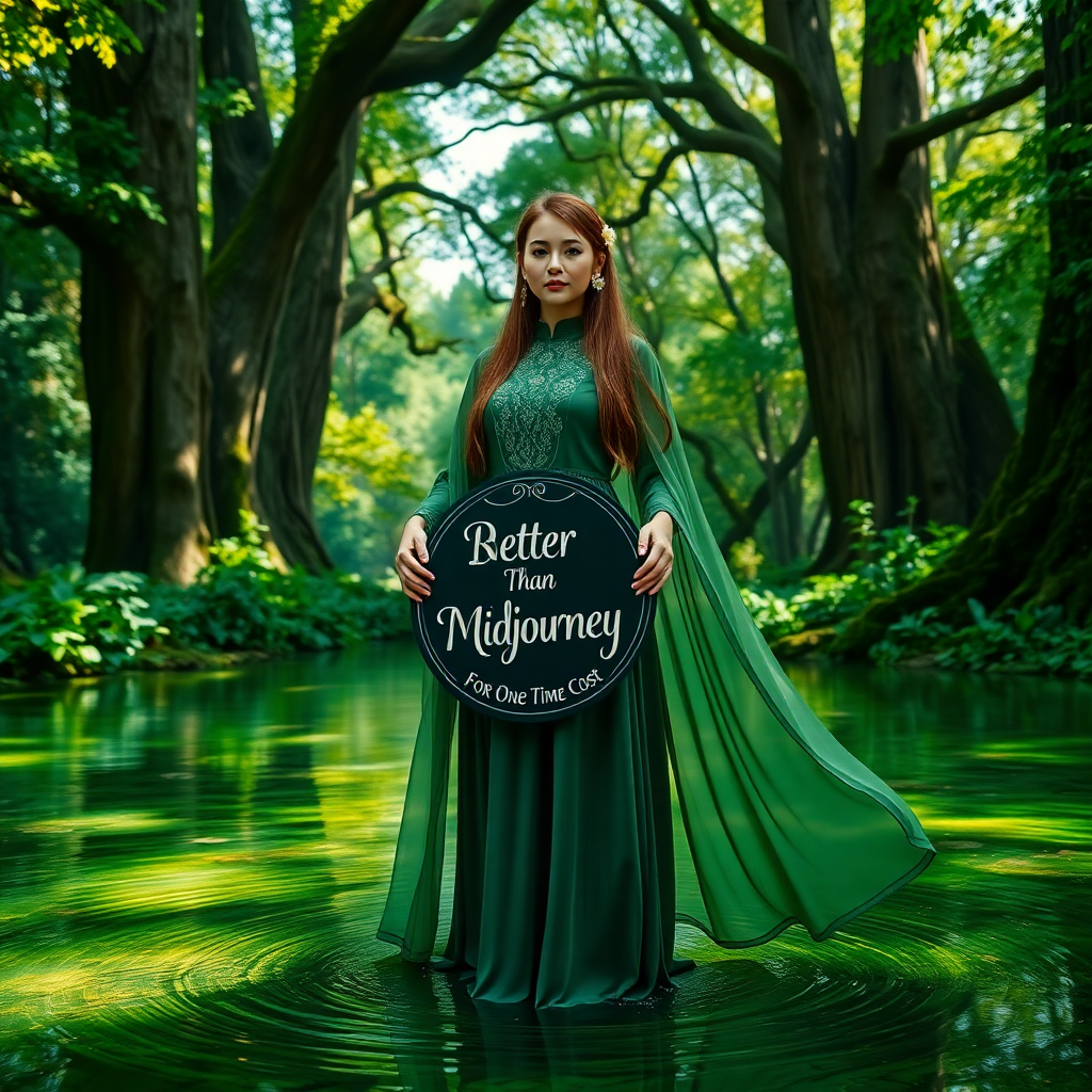 Image Prompt: Create an image of a woman centered in a vibrant forest glade. She stands in a shallow pool of clear