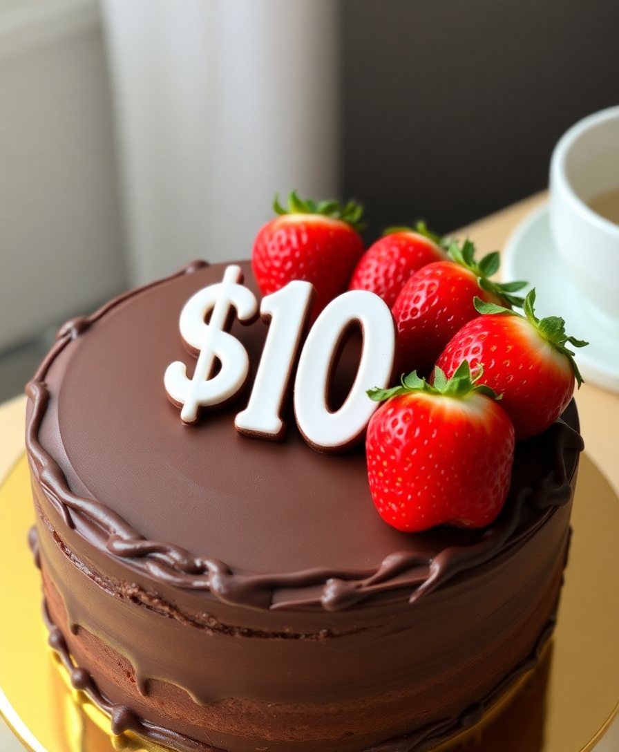 Image Prompt: scrumptious $10 chocolate cake adorned with luscious strawberries