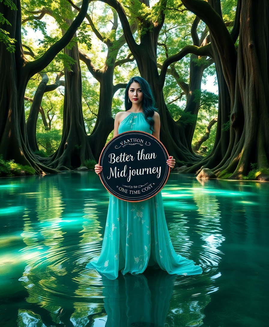 Image Prompt: Variation 2: Create an image of a woman centered in a vibrant forest glade. She stands in a shallow 