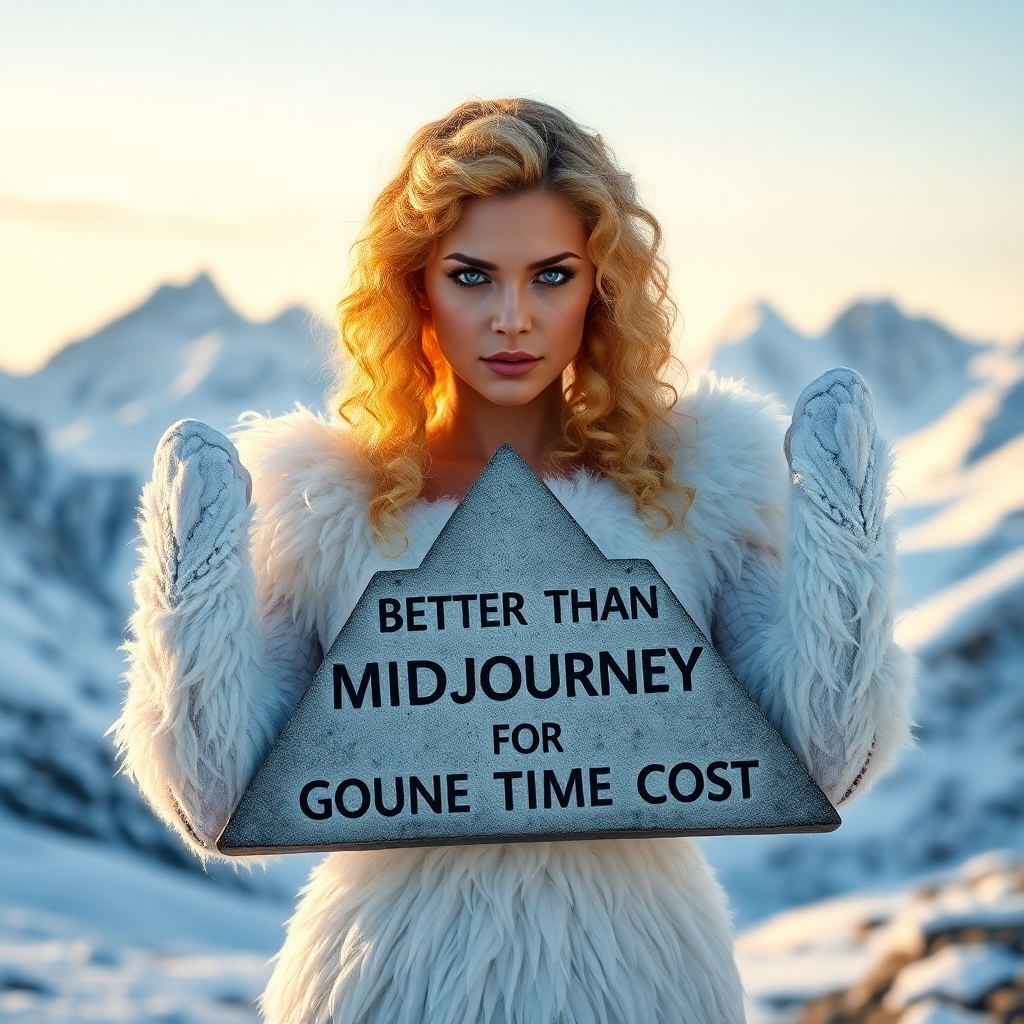 Image Prompt: Create an image of a woman standing in a snowy mountain landscape at dawn. She has curly, golden blo
