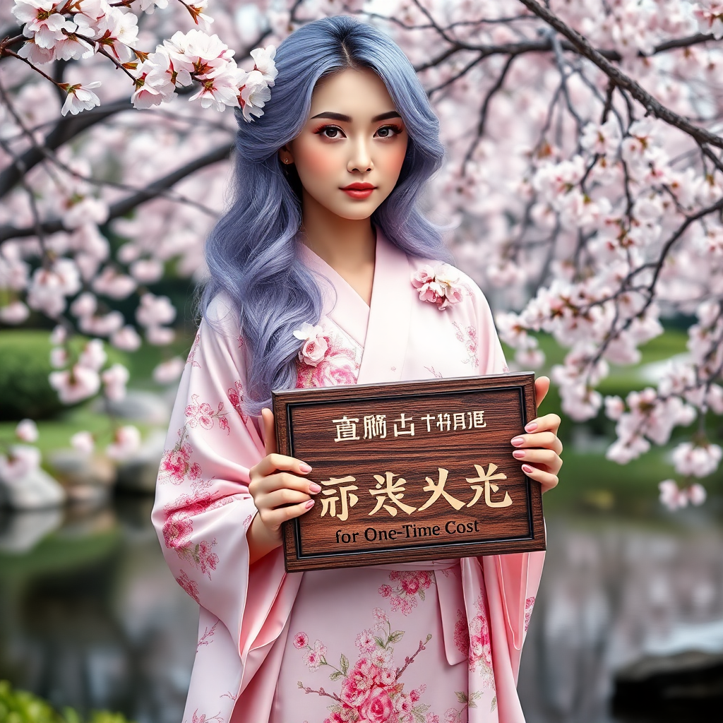 Image Prompt: Create an image of a woman standing in a serene Japanese garden during cherry blossom season. She ha