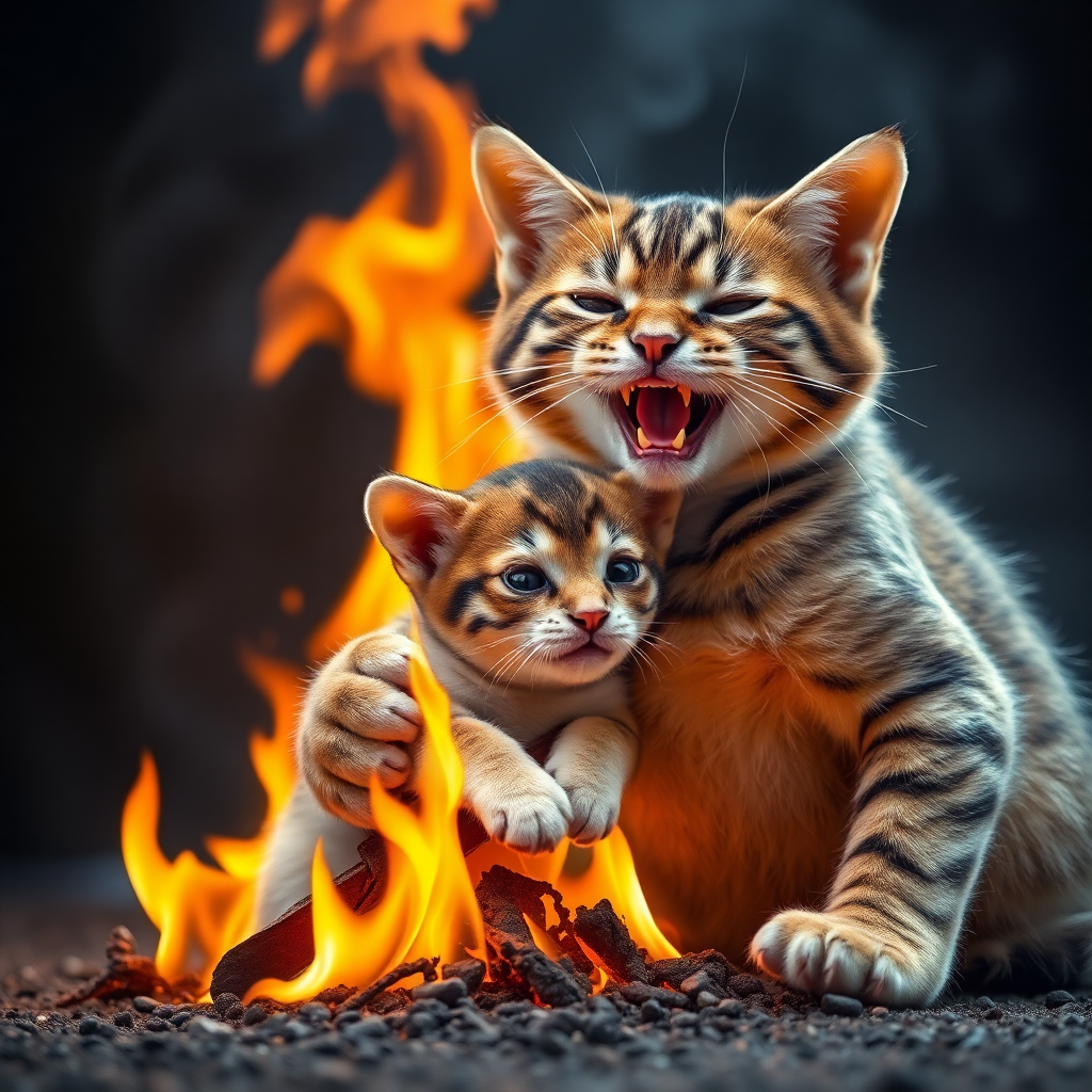 Image Prompt: Muscular cat saving puppy from fire, photorealistic, highly detailed, 8k uhd, professional photograp