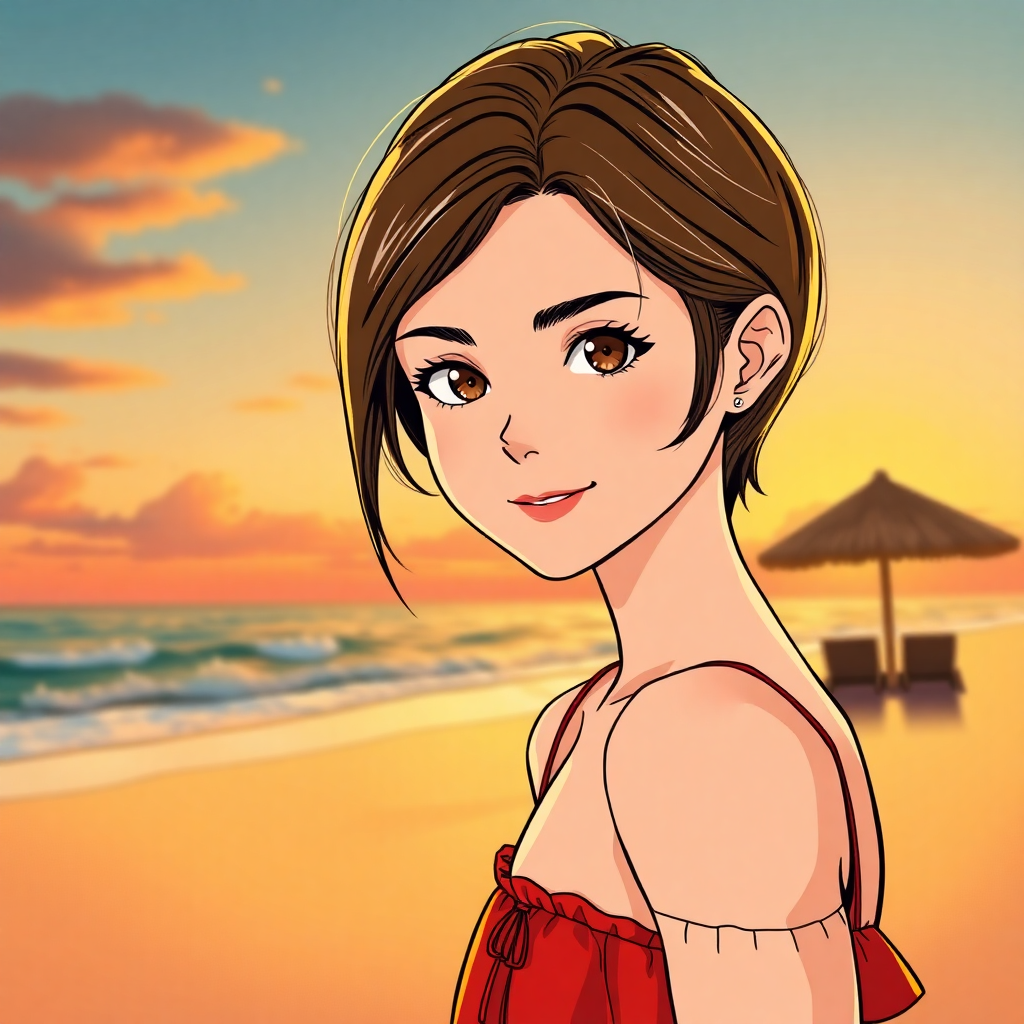 Image Prompt: a beautiful girl with short brunete hair, brown eyes, wearing a red dress, standing on a beach, suns