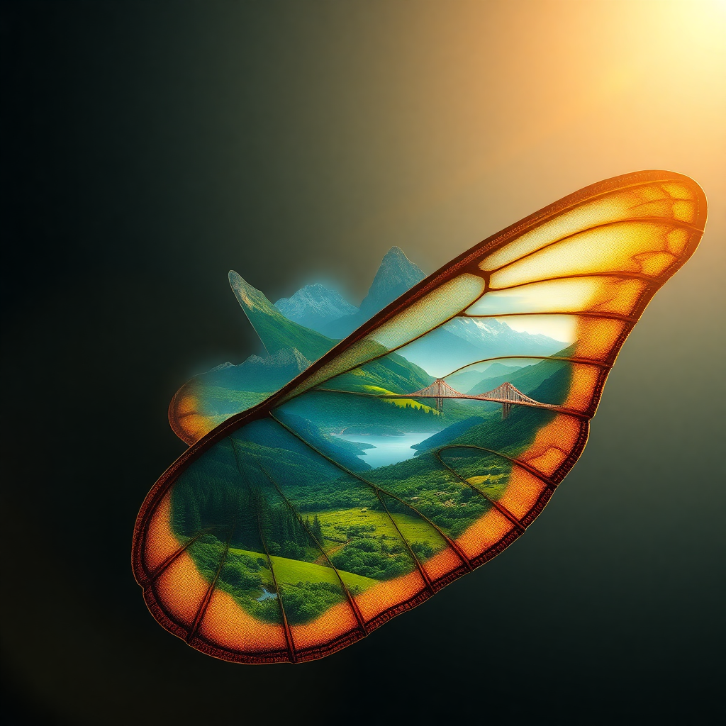 Image Prompt: Prompt A butterfly wing, positioned vertically in the image, serves as a canvas for layered landscap
