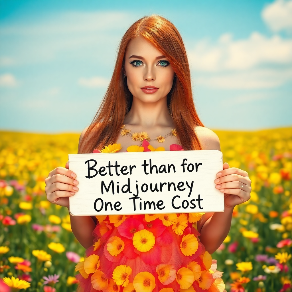Image Prompt: Create an image of a woman standing in a sunlit meadow filled with wildflowers. She has straight, fi