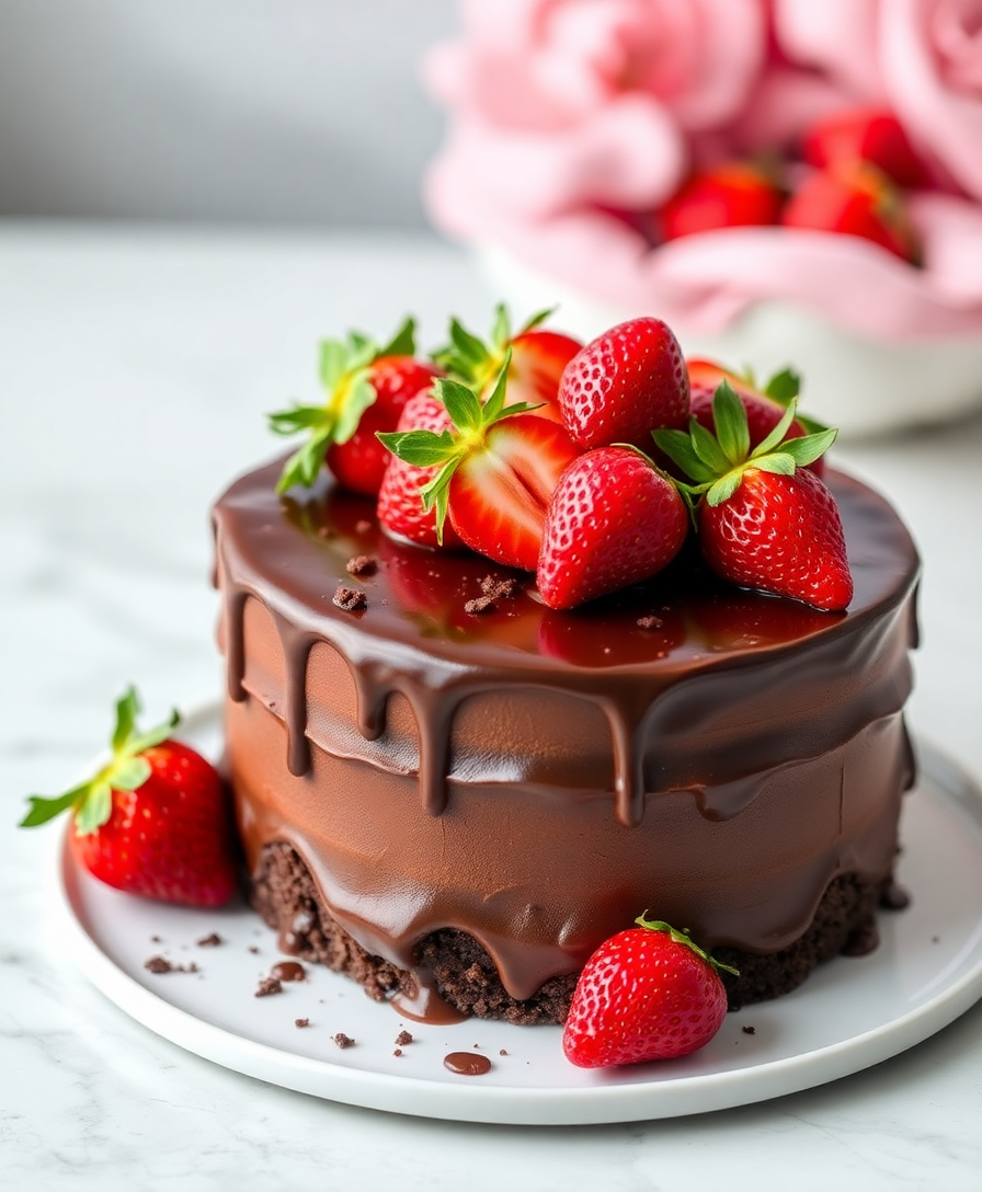 Image Prompt: indulgent $100 chocolate cake garnished with ripe strawberries