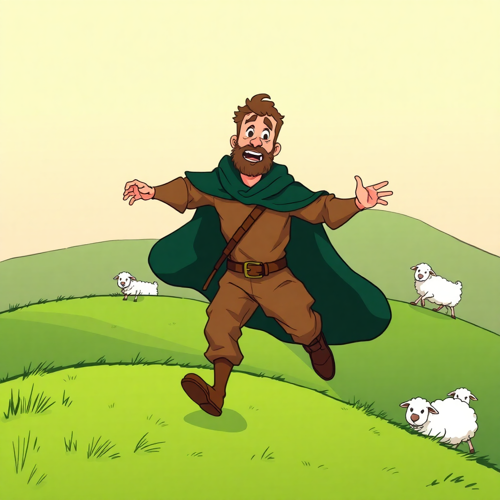 Image Prompt: "Cartoon illustration, 2D, bright and colorful, horizontal 16:9, 1920x1080. Main shepherd character,
