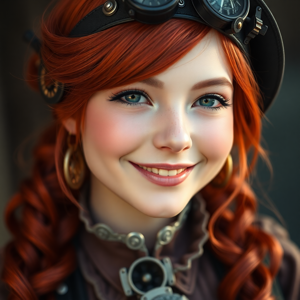 Image Prompt: a steampunk girld with a red hair, photorealistic, highly detailed, 8k uhd, professional photography