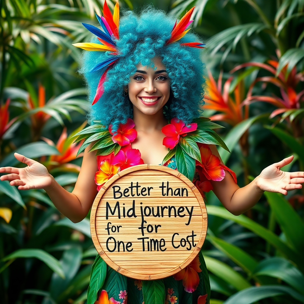 Image Prompt: Create an image of a woman standing in a vibrant tropical jungle. She has wild, curly teal hair ador
