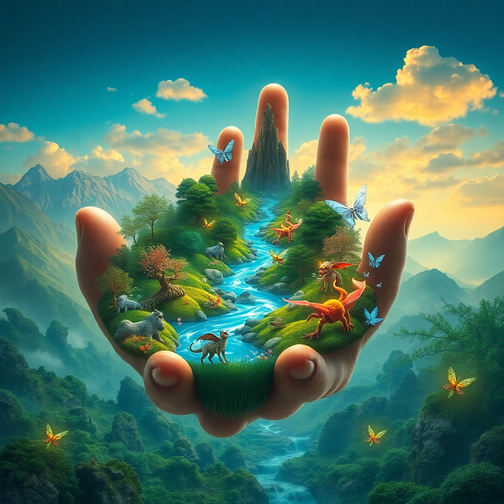 Image Prompt: The picture shows a fantastic and magical world. In the center, you can see a giant hand holding a l