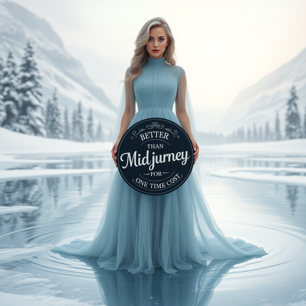 Image Prompt: Create an image of a woman centered in a serene snowy landscape. She stands in a shallow pool of icy