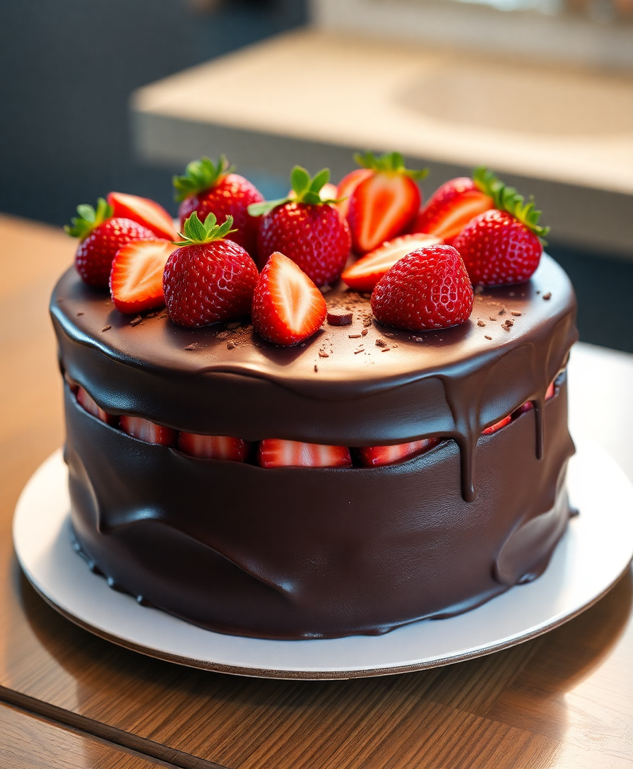 Image Prompt: mouthwatering $1000 chocolate cake layered with sweet strawberries