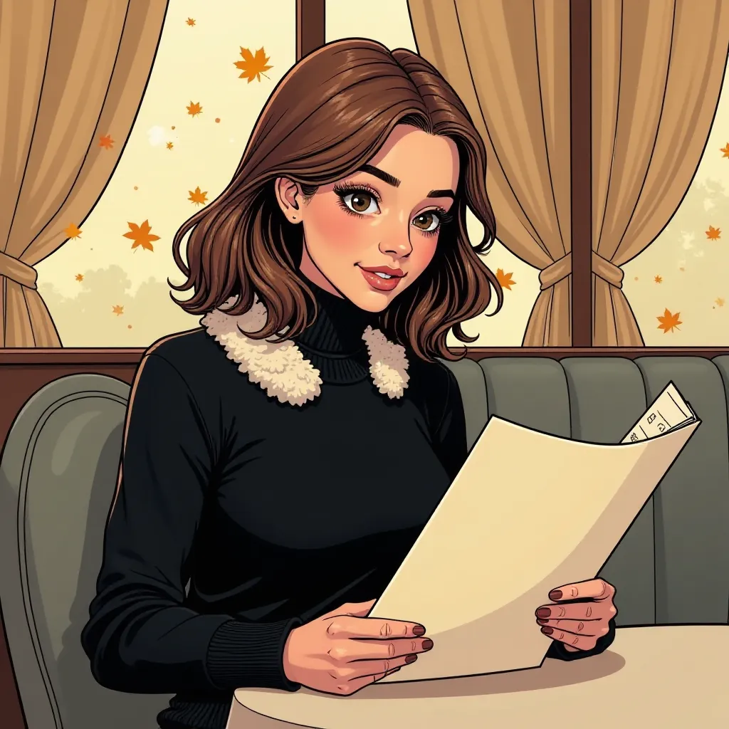 Image Prompt: Create image of a young woman in a stylish black sweater with a fuzzy neckline, sitting in a restaur