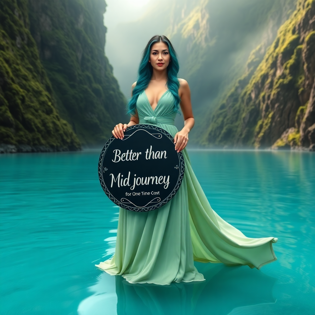 Image Prompt: Create image of a woman centered in an ethereal landscape. She stands in a shallow body of vibrant t