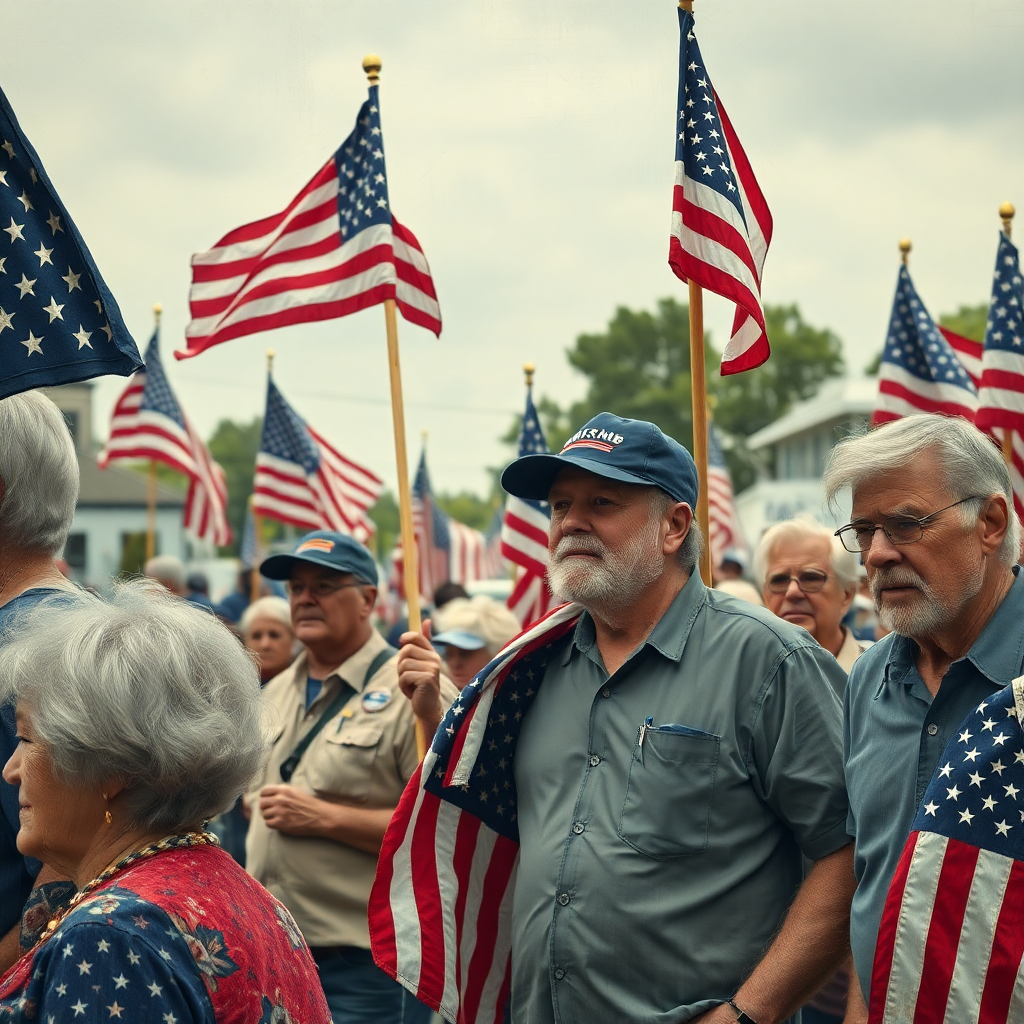 Image Prompt: A realistic grunge painting of a demonstration in a small town in Virginia of mature white older peo