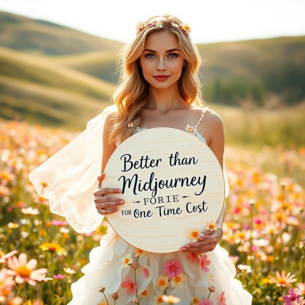 Image Prompt: Variation 2: Create an image of a woman standing in a sunlit meadow filled with wildflowers. She has