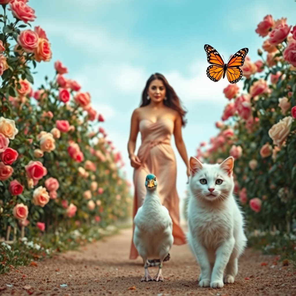 Image Prompt: Bollywood actress Aishwarya Rai walking in front of her roses Gardan without any clothes mini butter