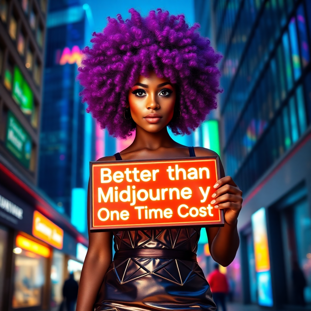 Image Prompt: Variation 4: Create an image of a woman standing in a bustling urban street at night. She has curly,