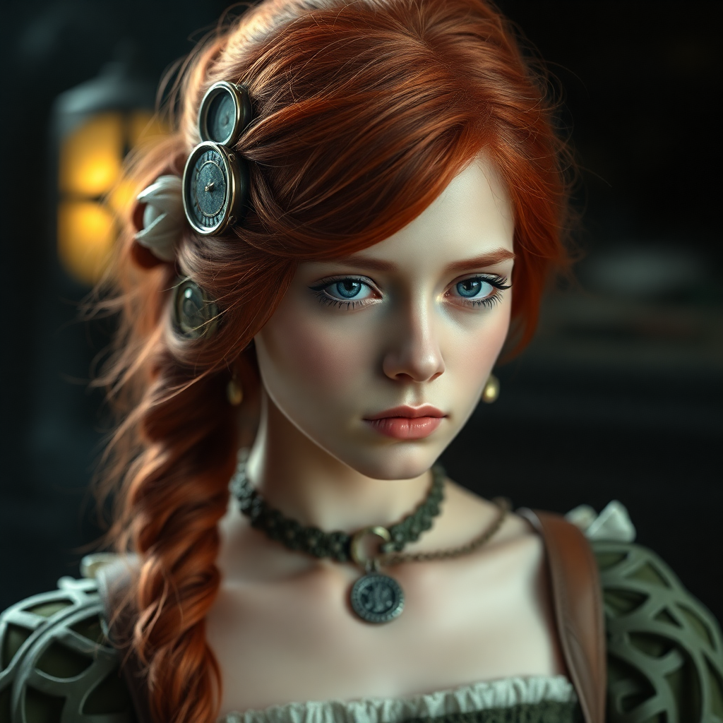 Image Prompt: a steampunk girld with a red hair, photorealistic, highly detailed, 8k uhd, professional photography