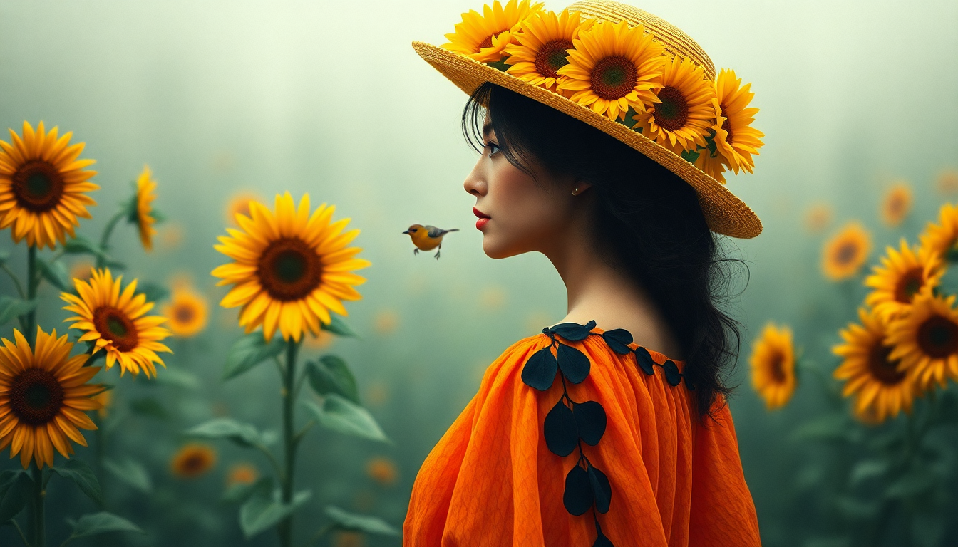 Image Prompt: Create image of a woman in profile, adorned in a flowing, orange dress with black accents, reminisce