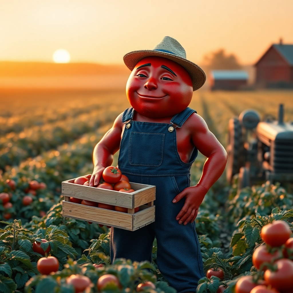Image Prompt: A strong, weathered tomato humanoid with deep red, slightly glossy skin and a small green stem cap, 