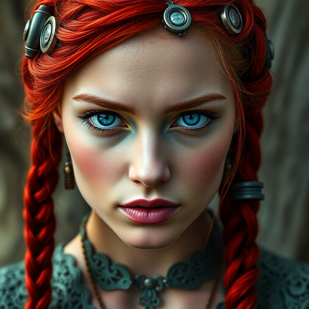 Image Prompt: Create image of a woman with vivid red, braided hair and striking blue eyes. She wears steampunk-ins