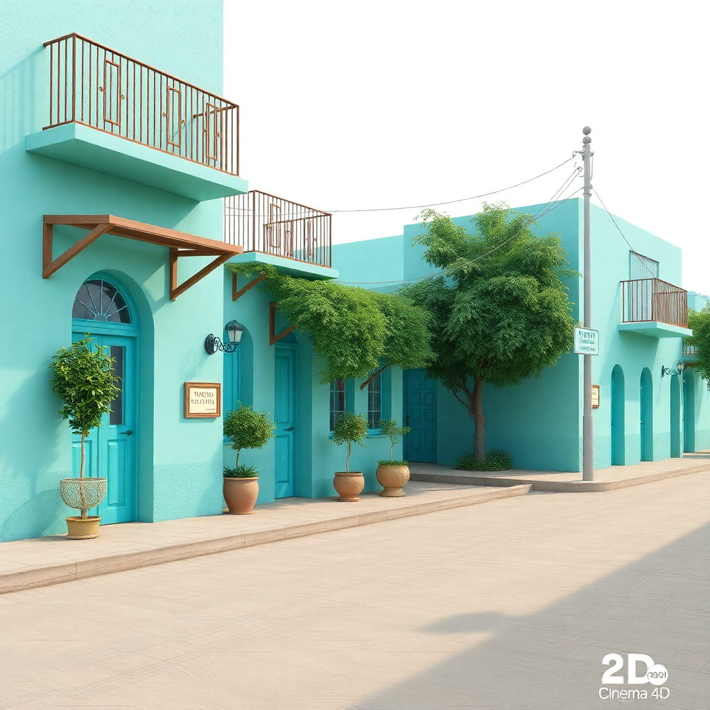 Image Prompt: Turquoise side street, 3D rendered, cinema 4D, octane render, detailed textures