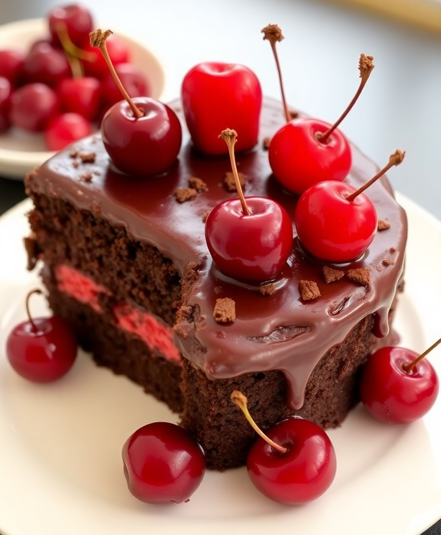 Image Prompt: delicious chocolate cake with cherries