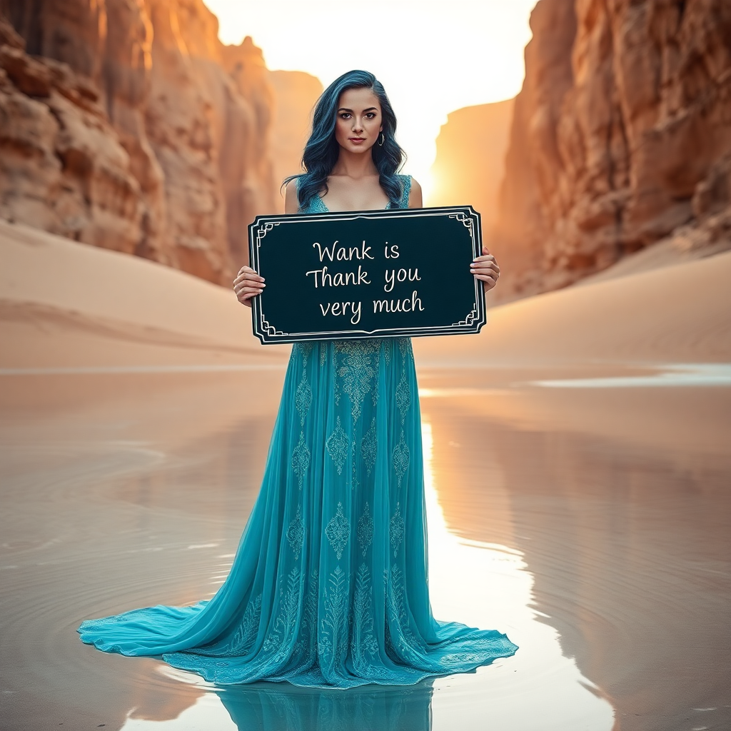 Image Prompt: Variation 1: Create an image of a woman centered in a mystical desert landscape. She stands in a sha