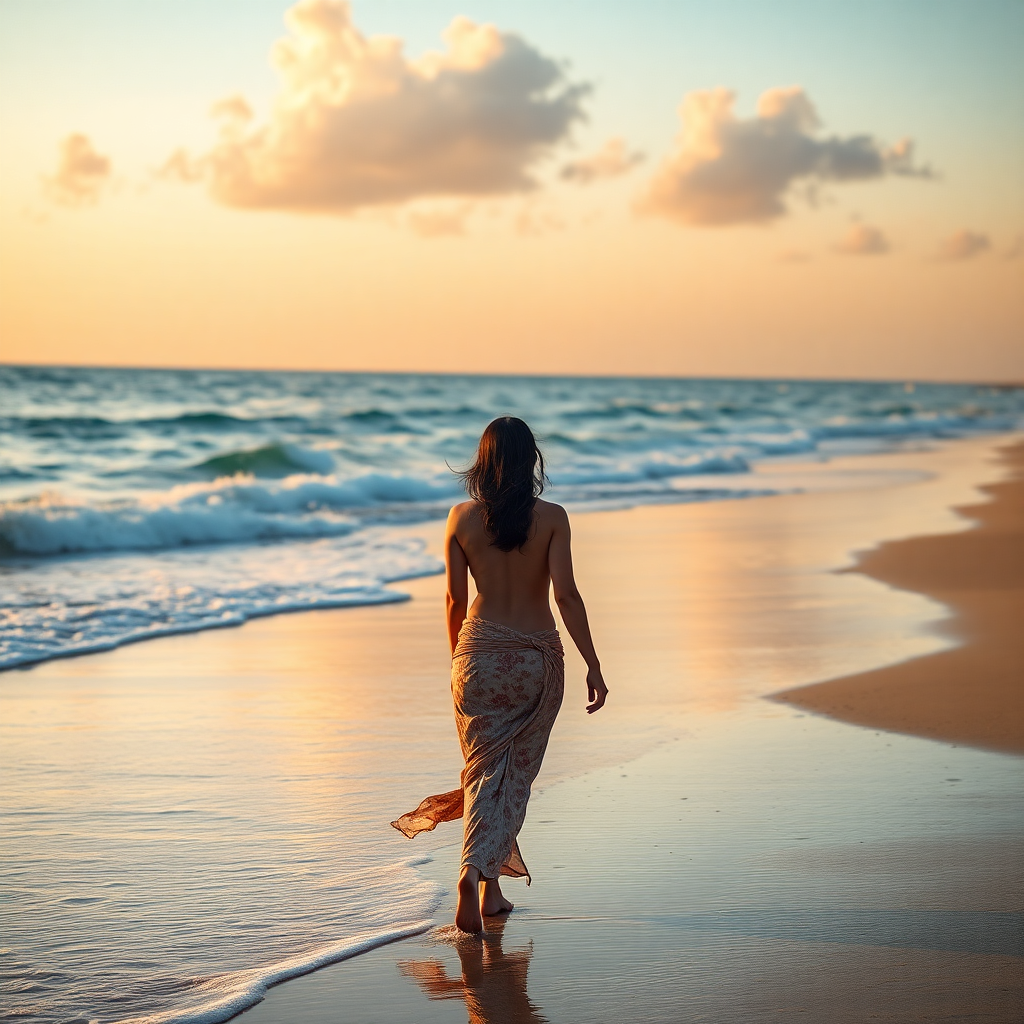 Image Prompt: Bollywood actress Aishwarya Rai walking away from ocean beach without any clothes , photorealistic, 
