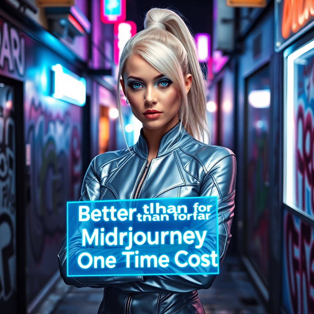 Image Prompt: Create an image of a woman standing in a bustling urban alley at night. She has sleek, platinum blon