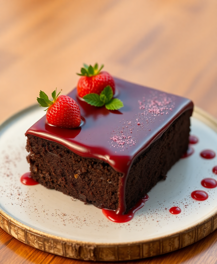 Image Prompt: exquisite $10000000000 chocolate cake embellished with strawberry puree