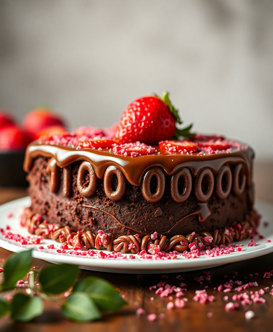 Image Prompt: irresistible $10000000000000000000 chocolate cake with a strawberry topping